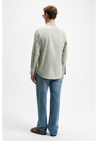RISTO Erkek Düğmeli Yıkama Sonrası Ütü İhtiyacını En Aza İndiren Kumaş Gömlek Yaka Manşetli Yeşil Gö
