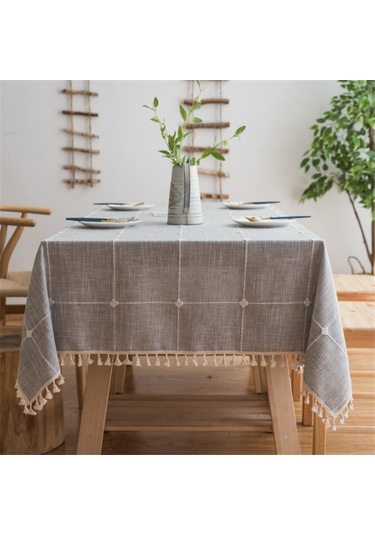 Kare Kafes İşlemeli Masa Örtüsü Saf Renk Pamuk Keten Püskül Dikdörtgen Sehpa Mat, Boyutu: 90x140cm Gri Gri