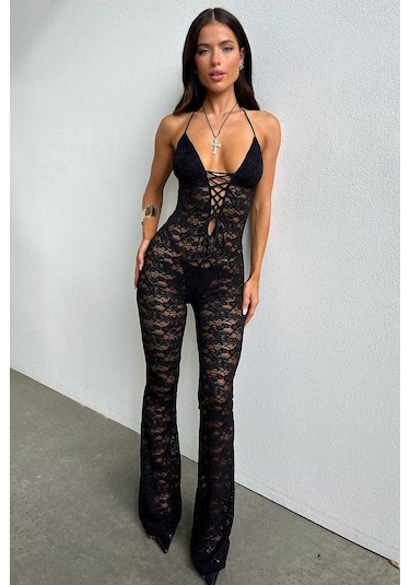 Lace Jumpsuit With Skinny Flared Legs Black Siyah