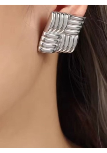 Vintage Kare Doku Geometrik Çelik Küpe Gümüş