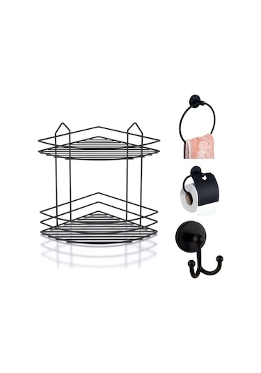 Alper Banyo Yapışkanlı Siyah 2 Katlı Banyo Rafı EK02 Lotus Kapaklı Kağıtlık Halka Havluluk Lüx Bornoz Askılık Çok Renkli