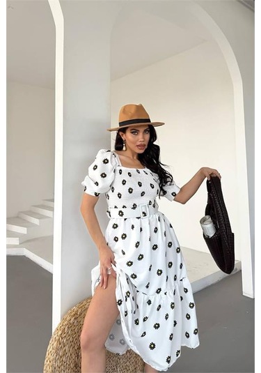 Neşeli Butik Kadın Kemerli Kare Yaka Çiçekli Midi Boy Elbise Nbks4104 Beyaz