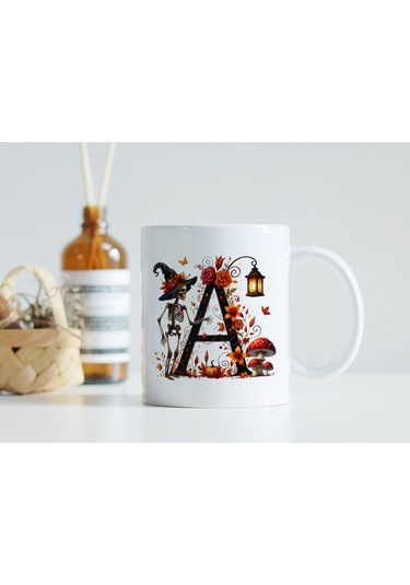 A Harfi Şapkalı İskelet Figürlü Ve Çiçekli Kupa Bardak - Cadılar Bayramı / Halloween Özel Hediye Beyaz