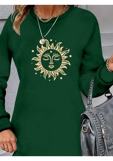 Kadın Uzun Kollu Bisiklet Yaka Güneş Desenli Viskon Iki Iplik Elbise Yeşil