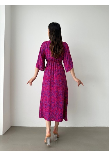 Kadın Kruvaze Yaka Yırtmaçlı Uzun Yazlık Elbise Mavi