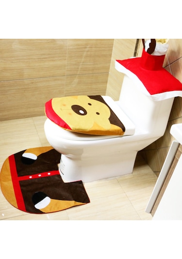 Folinda Elk Desenli Noel Banyo Dekorasyon Seti: Doku Battaniye + Tuvalet Kapağı Örtüsü + Tank Kapağı - Yumuşak, Kaymazsız, Yeniden Kullanılabilir Diğer