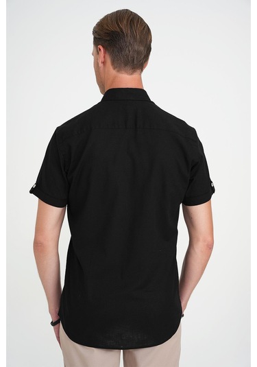 Comfort Fit Düğme Yaka Kısa Kol %100 Keten Düz Siyah Gömlek G 1596 Siyah
