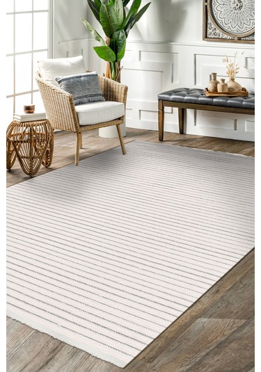 Lidya Beyaz Pamuk Dokuma Yumuşak Halı Kaymaz Tabanlı, Yıkanabilen Modern Tasarımlı Kilim Beyaz