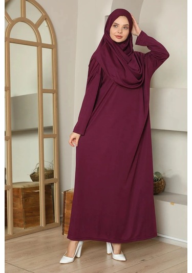 Tek Parça Namaz Elbisesi Mürdüm-21003 Gül Kurusu