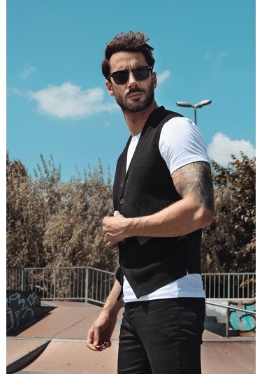 Ferraro Desenli Pamuk Triko Yelek - Siyah-Siyah