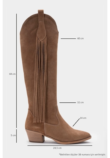 Rios Toprak Hakiki Deri Süet Püsküllü Kadın Kalın Topuklu Çizme Toprak