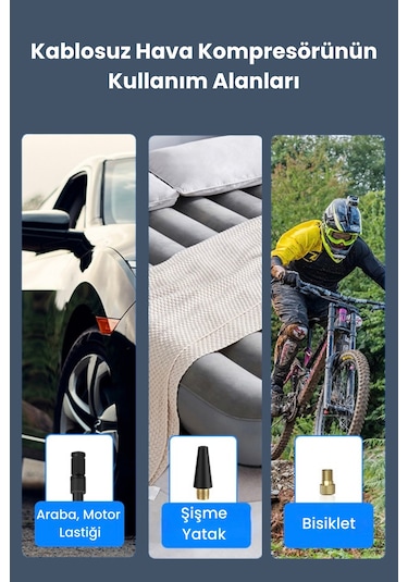 Hava Kompresörü 4000 Mah 4ın1 Şarjlı+araç Taşınabilir Araç Lastik Top Şişirme Pompası Oto Siyah