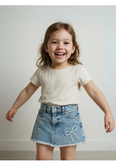 Kız Çocuk Fiyonk Detaylı Kot Etek-15824 Mavi