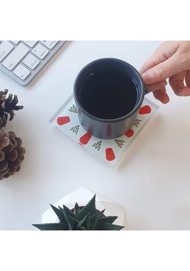 Decorita Cam Bardak Altlığı | Acem Kahveci-Kırmızı | 4'lü Takım Kırmızı