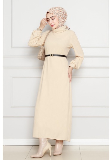 Balıkçı Yaka Kemerli Elbise-bej-4555 Bej