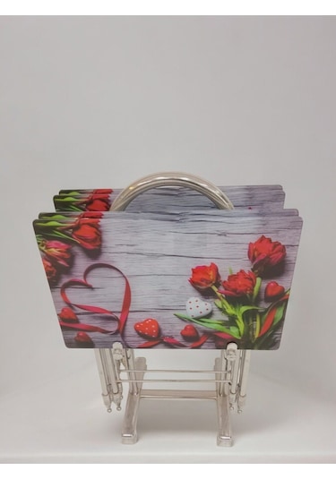 Liza Serisi Çanta Zigon, 4 Lü Katlanabilir Sehpa, Cam Sehpa, Çanta Sehpa Krom Ayak Lale