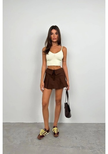 V Yaka Crop Bluz Ekru