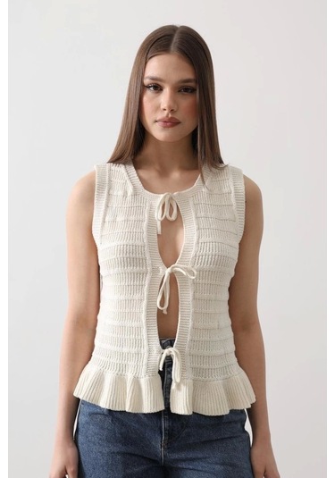 Önü Bağlamalı Yelek - Ekru Ekru