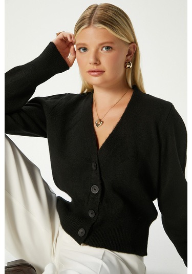 Kadın Bold Yumuşak Doku V Yaka Siyah Triko Hırka 70148 Siyah