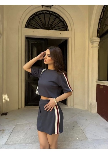 Osy Modal Yumuşak Dokulu Kumaş Kadın Parçalı Bisiklet Yaka T-shirt Mini Şortlu Etek İkili Takım - Fü Füme