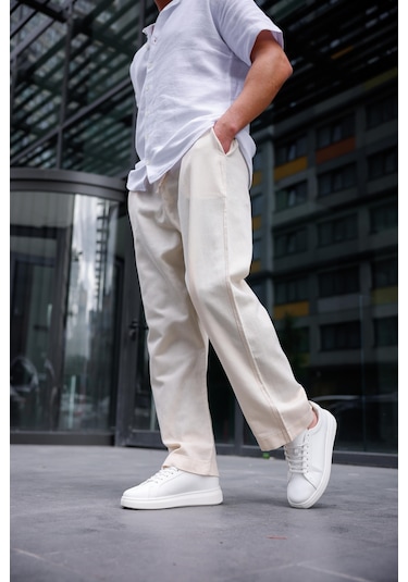 Keten Baggy Bej Renk Erkek Pantolon-1762 Bej