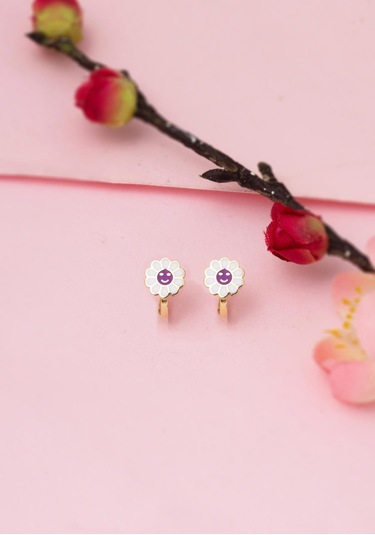 Bilezikci Mor Papatyalı 14 Ayar Altın Çocuk Küpesi Sarı Altın