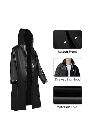 Su Geçirmez Eva Kumaş Yağmurluk Siyah Kapşonlu Çıtçıtlı Yağmurluk Siyah