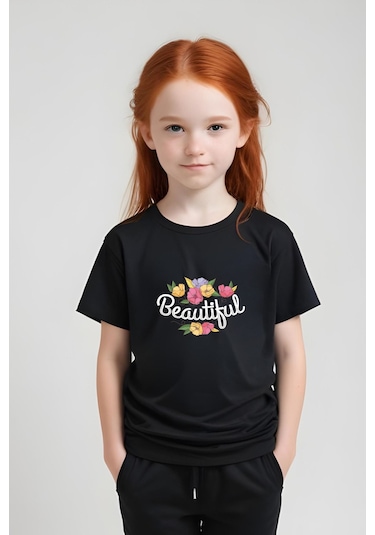 Beautiful Baskılı Kız Çocuk Tişört Ve Eşofman Alt-üst Takım Siyah