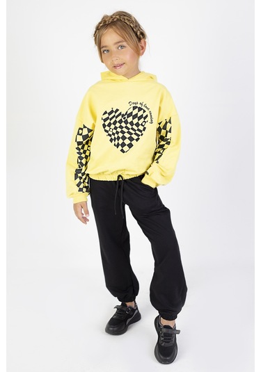 Kız Çocuk İki İplik Kumaş Orta Kalınlıktaa Baskılı Örme Basic Eşofman Takımı Sarı