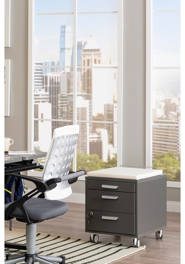 Creo Mobili Çekmeceli Kilitli Tekerlekli Vega Keson, Oturulabilir Ofis Ve Ev Komodini Antrasit/beyaz