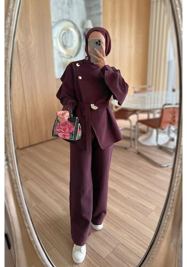 Kahijab Omuz Düğmeli Trenç Takım - Bordo Bordo