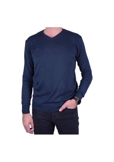 Erkek V Yaka Triko Kazak Lacivert Regular Fit Pamuklu, Ot-Kzk-200 Lacivert