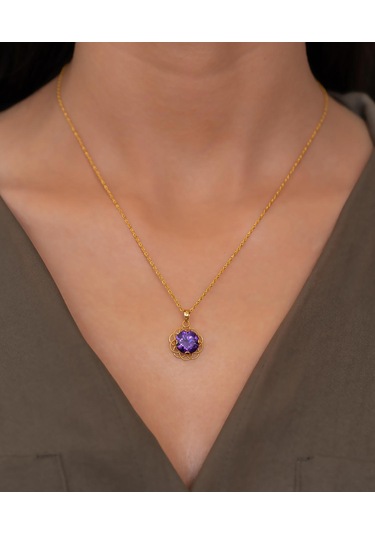 Bayar Gold 14 Ayar Altın Mor Güneş Taşlı Kolye Sarı Altın