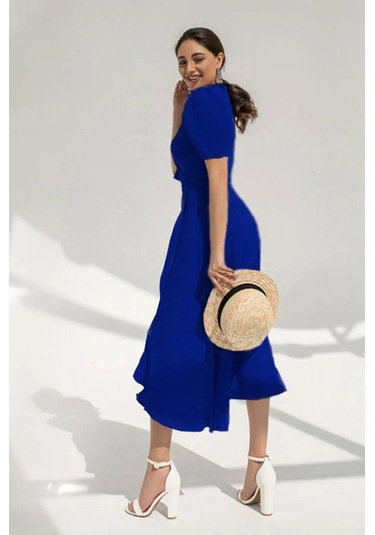 Kadın Kruvaze Yaka Midi Boy Kuşaklı Krep Elbise 120 Cm Bediva 001