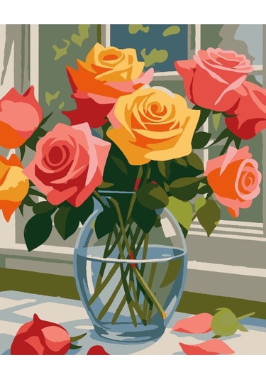 Denic Sayılarla Boyama Seti 40x50 Cm (Çıtalı) Fırça Boya Dahil Numaralı Tuval Cam Vazo Renkli Gül