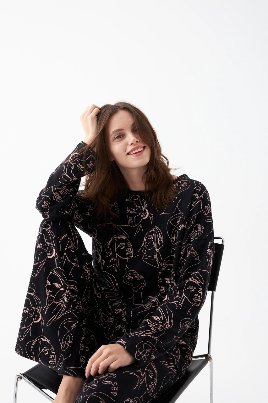 Akbeniz Kadın Oversize Siyah Line Art Desenli Pamuklu Kalın Pijama Takımı Siyah