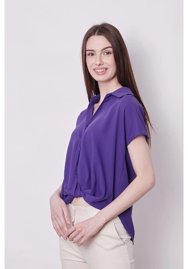 Likrasız Şık Kumaş Yakalı Düşük Omuzlu Önü Pileli Gömlek-eflatun Eflatun