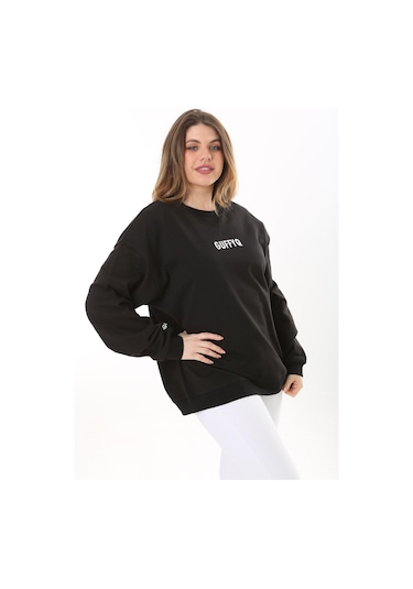 Kadın Büyük Beden Siyah Pamuk Kumaş Nakış Yazılı Sweatshirt 65n37616-siyah Siyah