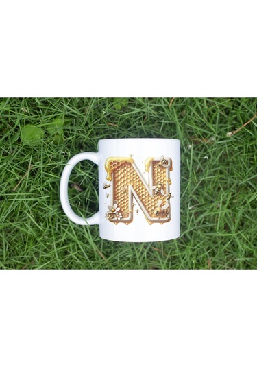 N Harfi Bal Arısı Tasarım Kupa Bardak - Bal Ve Petek Desenli Kişiye Özel Kahve Kupası - Hediyelik Beyaz