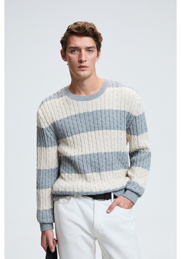 BRAID Erkek Yuvarlak Yaka Saç Örgü Desenli Regular Fit Grimelanj - Bej Kazak