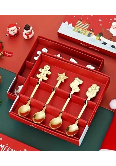 4 Lü Yılbaşı Kaşığı Seti Gold - Paslanmaz Çelik - Yılbaşı Hediyel