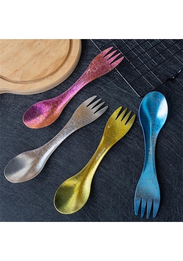 Fortunelane Çok Renkli Saf Titan Spork - 16.5 Cm, 16 G, Mavi Buz Kristal Desenli Çok Renkli