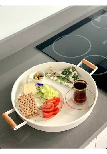 Qerhome 37cm Ahşap Kulplu Beyaz Metal Tepsi Yuvarlak Tepsi Çay Sunum Tepsisi Beyaz