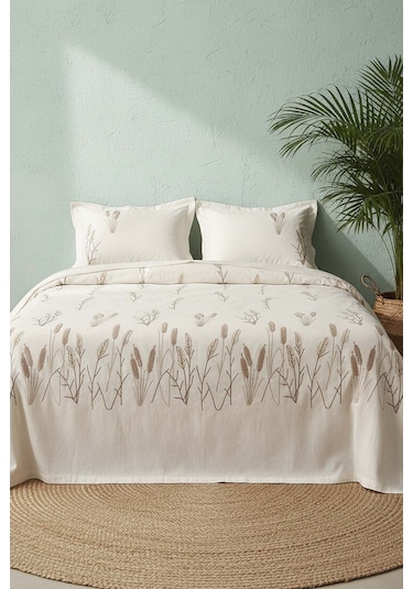 Ekru Willow Breeze Desen Çift Kişilik Nakışlı Yatak Örtüsü Seti