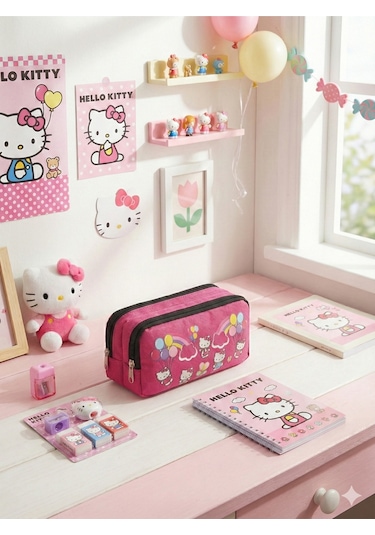 Hello Kitty Baskılı Çift Bölmeli Pembe Kız Çocuk Okul Kalemliği Pembe
