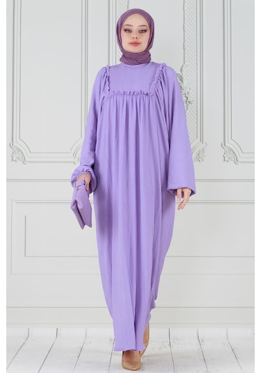 Fırfırlı Robalı Bürümcük Elbise-lila-3536-lila Lila