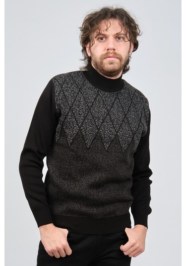 Ateş Triko Erkek Yarım Balıkçı Yaka Desenli Kazak 6091804 Siyah Siyah