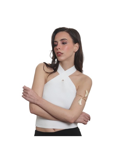 Labalaba Kadın Lak Altın Renk Kaplama Yaprak Detaylı Pazu Bandı Bileklik, Üst Kol Aksesuarı Altın