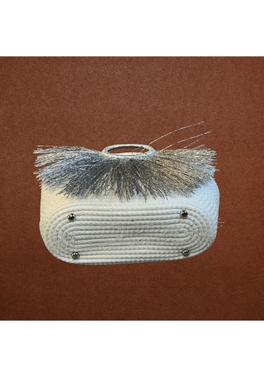 Uretti - Ayşe 4723 2092 El Yapımı Tress İp Yuvarlak Saplı Metalik Gümüş İp Püsküllü Plaj Çantası - Gümüş / Beyaz Beyaz - Gümüş
