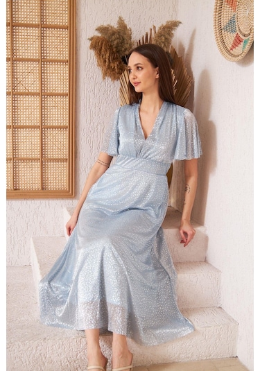 Darlin Moda Mavi Simli Tül Üzeri Gri Puantiyeli  Astarlı Abiye Elbise DM45948